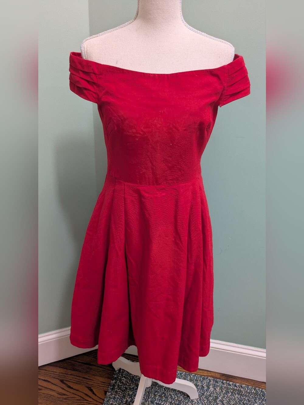 Emily And Finn Romantic Red Off-the-Shoulder Dress with Pockets